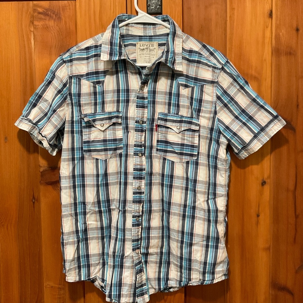 Levi's western blue Plaid men’s medium short sleeve Shirt with snaps
